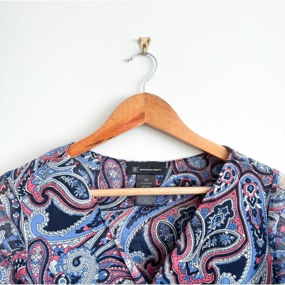 INC International Concepts Blouse Paisley Rhinestones Stretchy Ruching Women's L - Picture 3 of 8